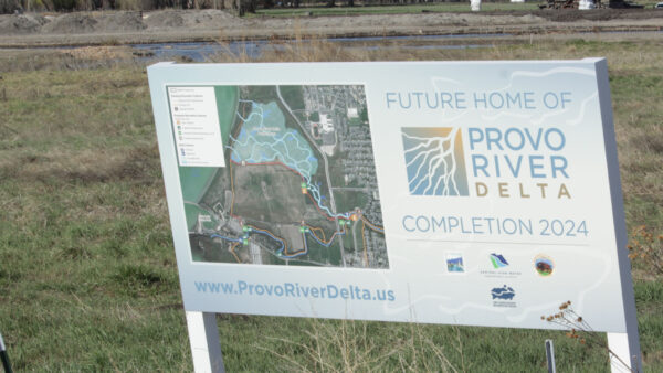 Provo River Delta Project sign.